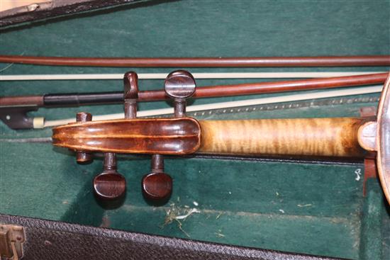 A late 19th / early 20th century Boosey & Co full size violin, cased with 2 bows
